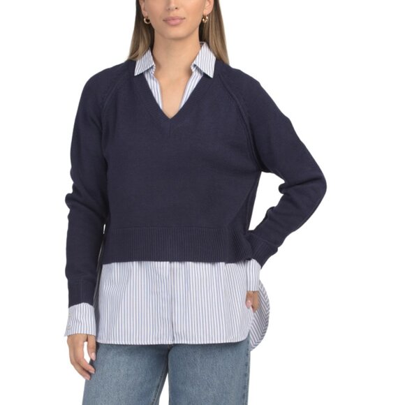 ELAN Navy Blue V-neck Woven Twofer Sweater Top - Picture 1 of 2
